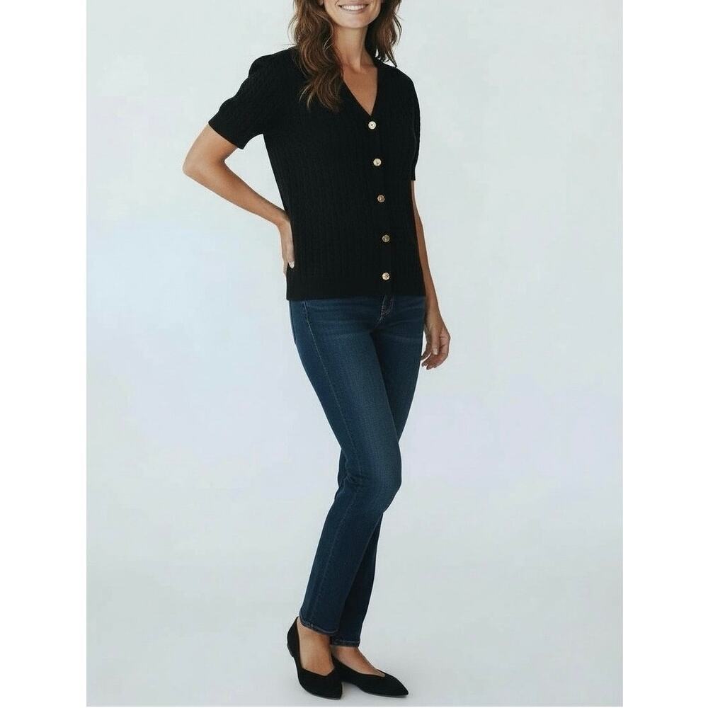St. John Short Sleeve Cardigan Sweater Medium Black Button Front Knit Preppy